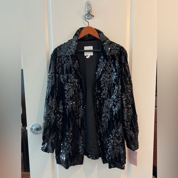 Avec Les Filles Velvet Sequin Black Button Down Shirt Jacket - Picture 2 of 16